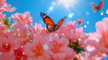 Colorful butterflies gently landing on pink flowers under a bright blue sky in a tranquil garden setting photo
