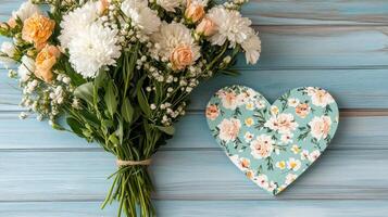 Heart-shaped Mothers Day card placed beside a bouquet of pastel flowers on light wooden surface photo