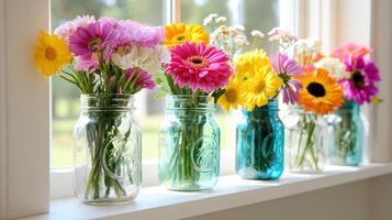 Colorful wildflowers arranged in mason jars on a sunny windowsill inviting a warm and cheerful atmosphere photo