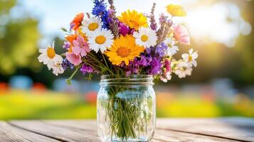 Wildflowers in a mason jar capturing the beauty of a sunny day in a serene outdoor setting photo