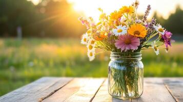 Wildflowers in a mason jar glowing in the soft sunlight of a summer evening photo