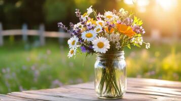 Beautiful wildflowers in a mason jar resting on a wooden table in a sunlit garden setting photo