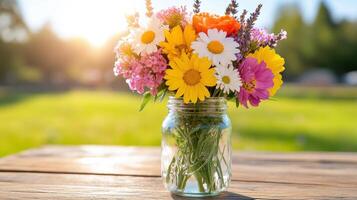 Wildflower bouquet in a mason jar captures the essence of a sunny day in a blooming garden photo