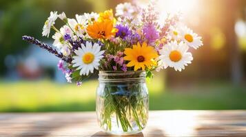 Mason jar filled with vibrant wildflowers under soft sunlight in the garden during a serene spring afternoon photo
