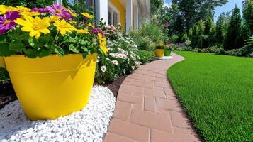 Enchanting garden pathway lined with vibrant flowers and lush greenery in a peaceful setting photo
