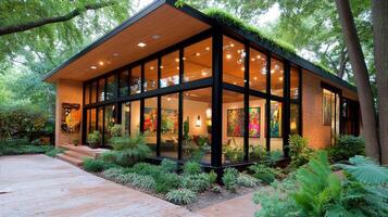 Modern minimalist home designed for tranquility among lush greenery and vibrant artwork photo