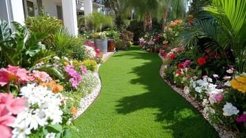 Beautiful garden pathway lined with colorful flowers and lush greenery creating a serene outdoor retreat for relaxation photo