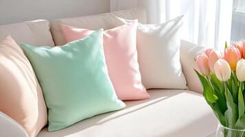 Elegant modern living room with a light beige sofa and colorful cushions enhancing the cozy atmosphere photo
