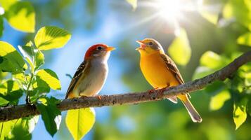 Brightly colored birds perched on a tree branch singing joyfully in sunlight during a warm spring morning photo