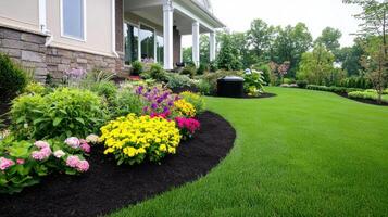 Serene garden filled with vibrant flowers and lush greenery in a tranquil outdoor space photo