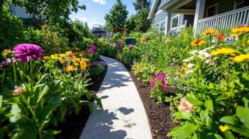 Beautiful peaceful garden featuring a vibrant array of plants and flowers alongside a charming pathway on a sunny day photo