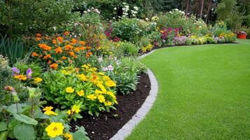 Colorful flower garden with lush greenery and vibrant blooms in a serene outdoor setting photo