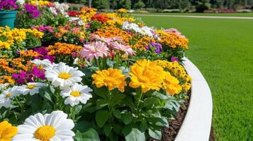 Vibrant flowers bloom in a tranquil garden surrounded by lush green grass and colorful plants photo