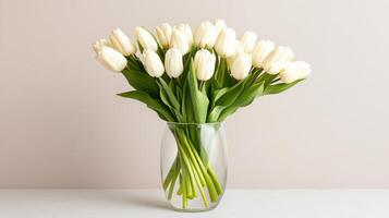 Fresh-cut tulips arranged in a clear vase on a minimalist table against a simple backdrop for a serene decor photo