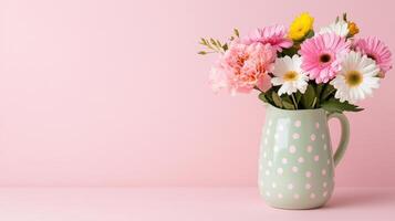 Delicate spring bouquet in pastel polka dot pitcher against pink background creating a cheerful atmosphere photo