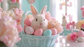 Charming pastel-colored Easter basket filled with eggs and a cute rabbit in a bright, cheerful setting photo