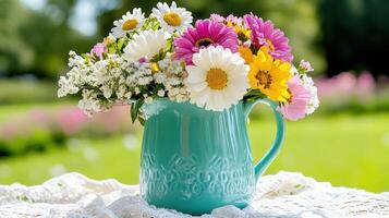 Pastel-colored enamel pitcher overflowing with vibrant flowers set in a sunny outdoor garden scene photo