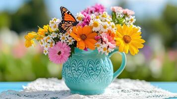 Pastel-colored enamel pitcher brimming with vibrant wildflowers and a butterfly in bright garden setting during warm afternoon photo