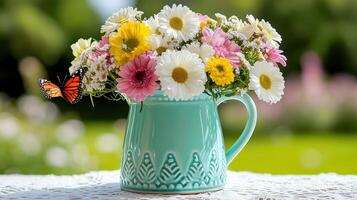 Pastel-colored enamel pitcher filled with wildflowers and a butterfly in a lush garden setting photo