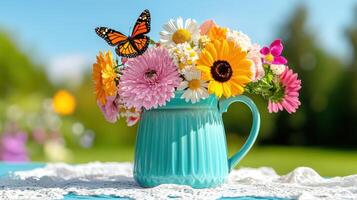 Pastel colored enamel pitcher filled with vibrant flowers and a butterfly in a sunny garden setting photo