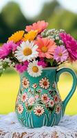 Colorful pastel enamel pitcher filled with vibrant flowers in a sunny outdoor setting photo