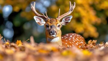 Deer resting peacefully in a vibrant autumn forest surrounded by falling leaves photo