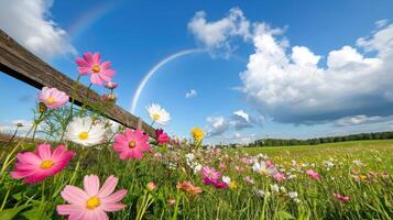 Vibrant flowers bloom beside a weathered wooden fence under a bright sky with rainbows and fluffy clouds photo
