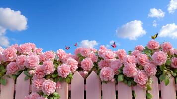 Charming countryside view featuring a wooden fence adorned with blooming roses under a bright blue sky photo