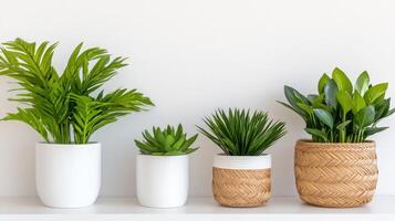 Minimalistic Earth Day celebration with indoor plants and natural decor on a white shelf photo