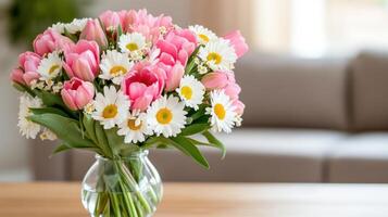 Fresh bouquet of pink tulips and white daisies on rustic wooden table in cozy living room setting photo