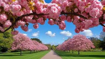 Strolling through a serene cherry blossom walkway in a peaceful park under a bright blue sky photo