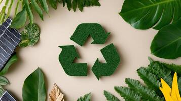 Recycling symbol surrounded by lush green plants representing sustainability and eco-friendliness in nature photo