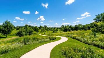 Winding trail through a rewilded city park adorned with vibrant greenery and wildflowers under a clear blue sky photo