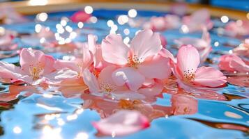 Cherry blossoms float peacefully on water in a romantic springtime setting surrounded by nature's beauty photo
