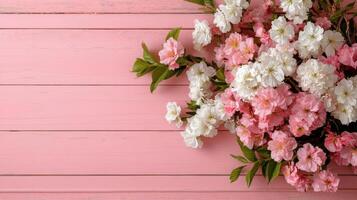 Bright pink and white blossoms arranged against a rustic weathered wooden background for a springtime celebration photo