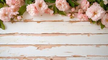 Weathered wooden background adorned with delicate pink blossoms in a rustic setting photo