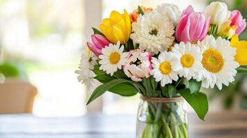 Fresh bouquet of colorful flowers on rustic wooden table in bright, cheerful room filled with natural light photo