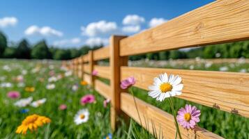 Rustic wooden fence lined with flowers along a serene countryside path under a bright blue sky photo