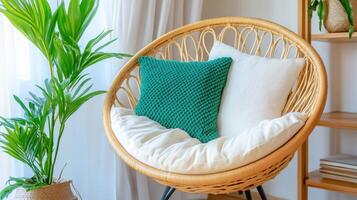 Cozy reading nook with wooden bookshelf and natural decor ideal for relaxing afternoons photo