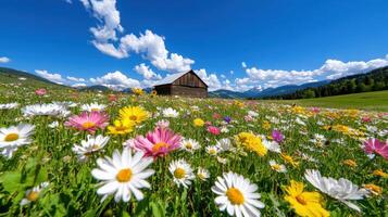 Rustic barn surrounded by a vibrant wildflower field under a clear blue sky in a picturesque landscape photo