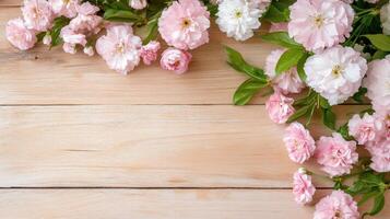 Beautiful pink and white flowers arranged on a rustic weathered wooden background enhancing the natural ambiance photo