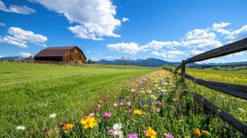 Rustic barn surrounded by vibrant wildflowers and green fields under a bright blue sky with mountains in the background photo