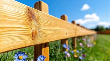Rustic wooden fence along a picturesque countryside path adorned with wildflowers under a clear blue sky photo