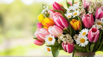 Fresh bouquet of colorful flowers arranged on rustic wooden table in a sunlit outdoor setting photo
