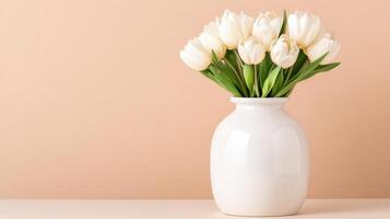 Minimalist display of a white vase filled with fresh white tulips on a soft pastel background photo