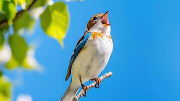 Bird perched on a high branch singing joyfully under a clear blue sky in springtime photo
