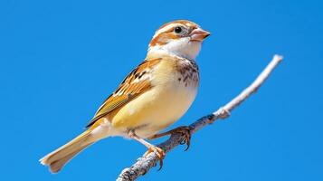 Bird perched on high branch singing joyfully under a clear blue sky during daylight hours photo