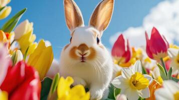 Colorful Easter bunnies hopping joyfully through a vibrant field of blooming tulips and daffodils on a sunny spring day photo