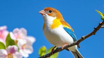 Brightly colored bird singing on a high branch among spring blooms under a clear blue sky photo