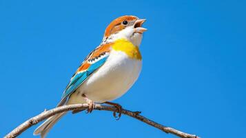 Brightly colored bird singing joyfully on a high branch against a clear blue sky photo